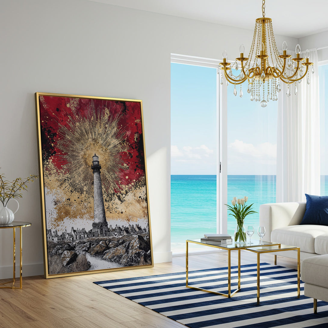 Canvas Print of a lighthouse with a red and gold abstract background. Modern coastal art in a living room setting.