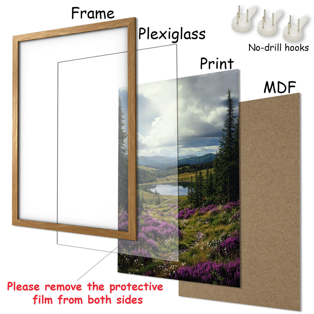 Framed Poster featuring a landscape scene with a lake and purple flowers. Natural style with green, purple, and blue tones. Ready to hang!