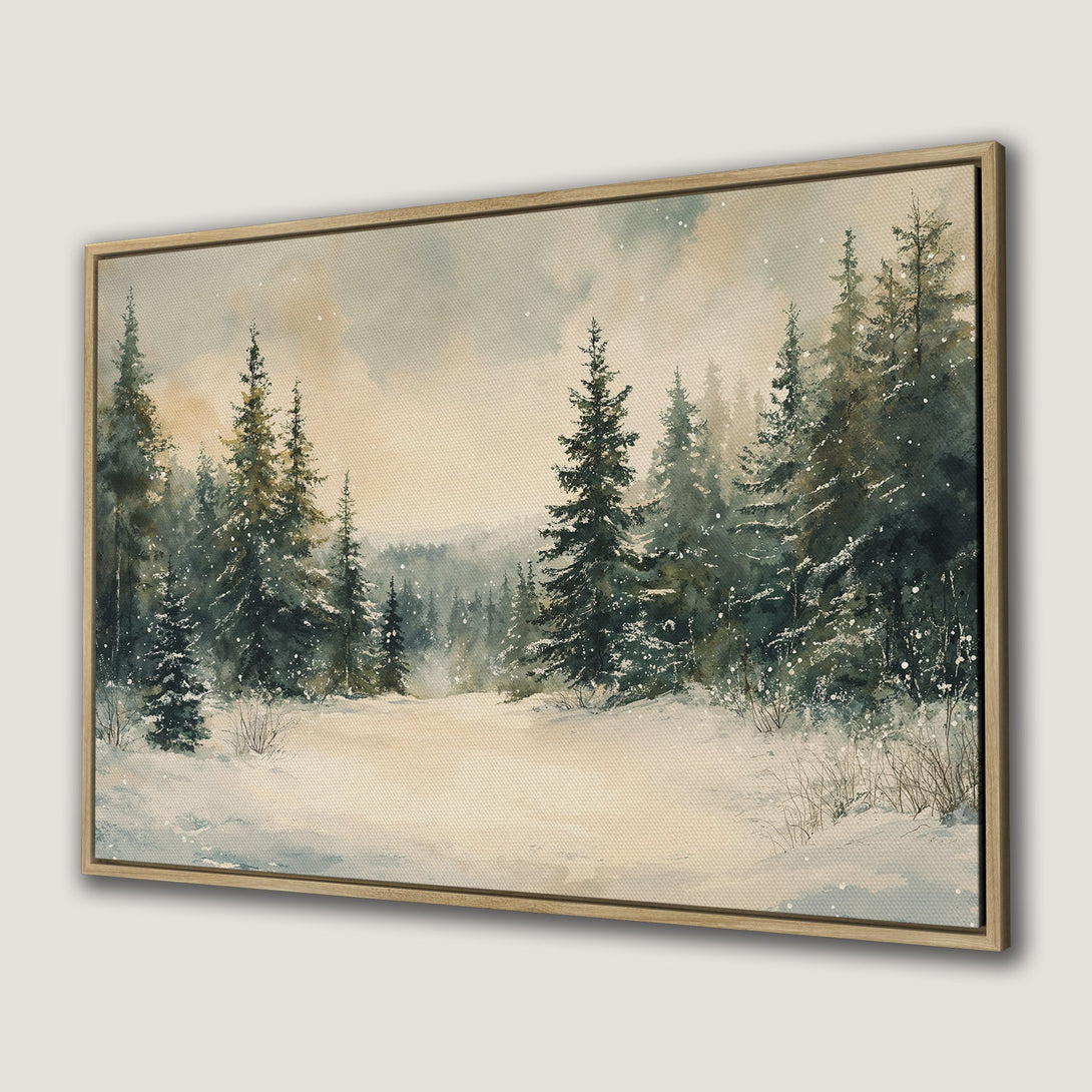 Framed Wall Art: Watercolor winter forest scene in muted greens & beige. Bring the serene beauty of nature into your home with this canvas print.