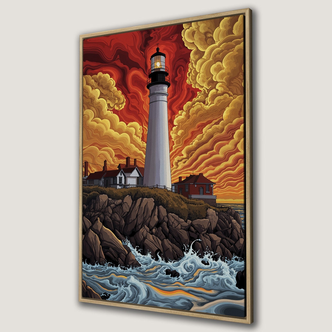 Framed Wall Art of a lighthouse on a rocky coast, stylized with vibrant orange, red, and yellow hues. Perfect coastal decor for any room.