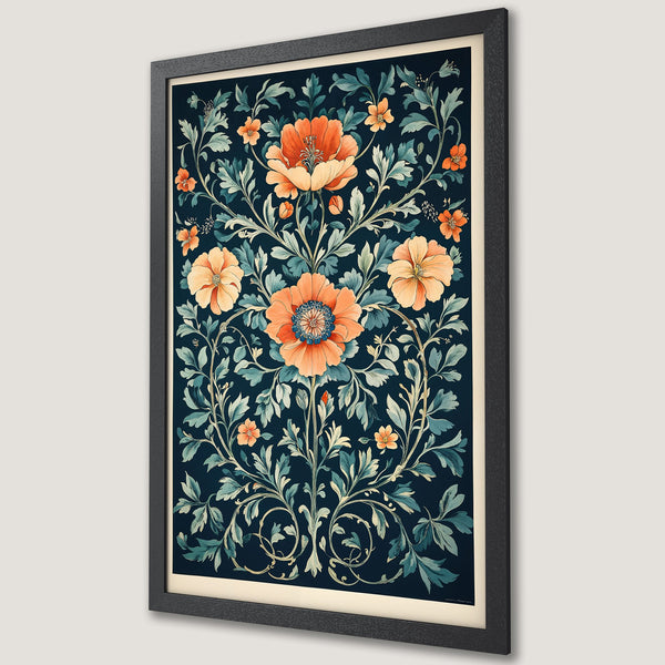 Framed Poster featuring floral design in a vintage style with a dark blue and orange color palette, perfect wall art.