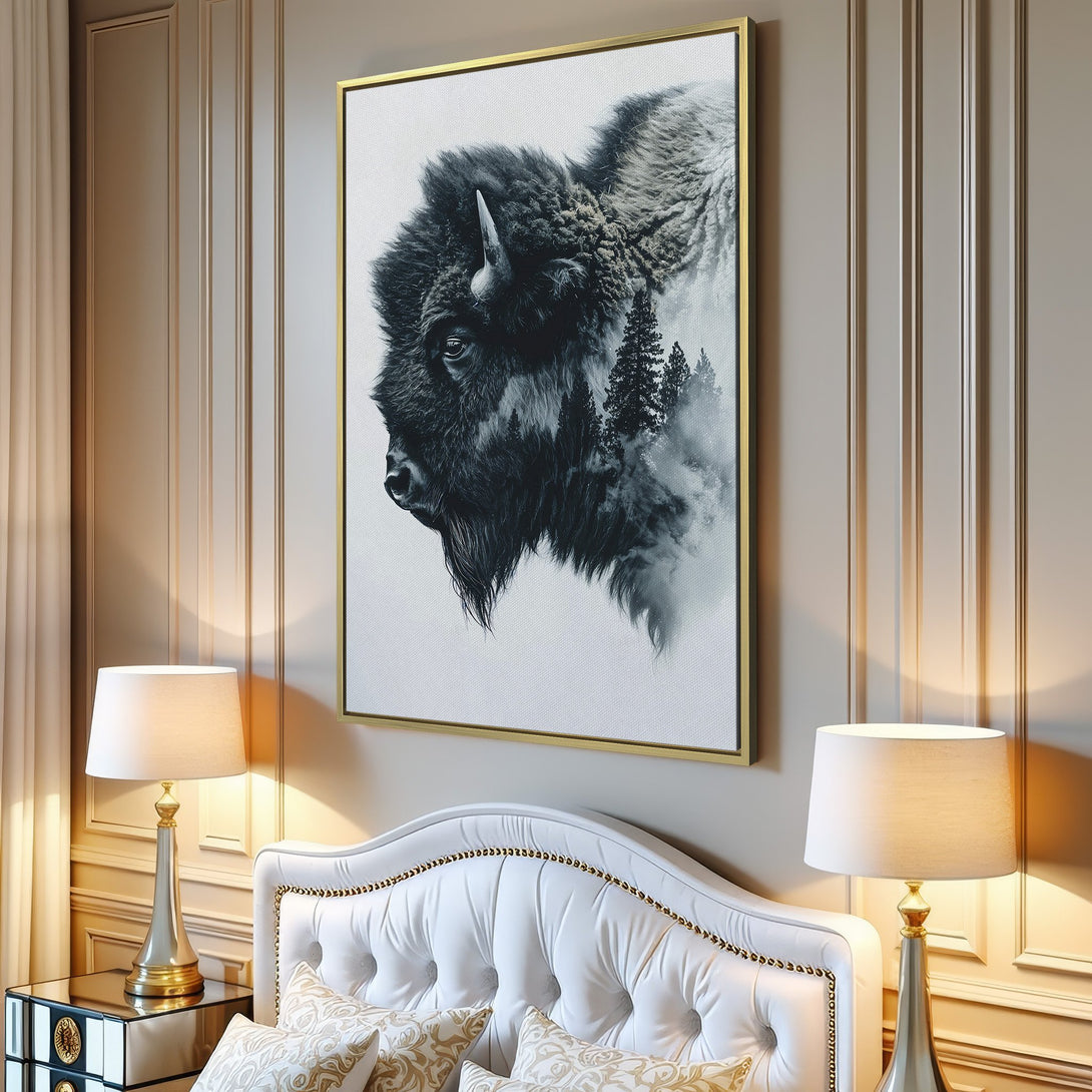 Canvas Print of a bison in a minimalist, monochrome style. Perfect for adding a touch of nature to your home decor. Black and white art.