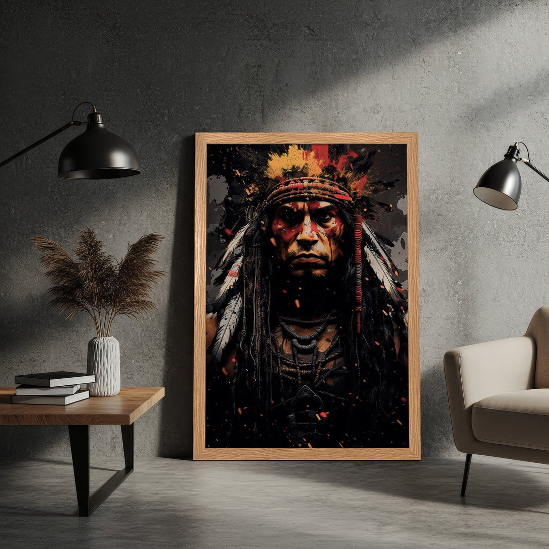Framed Poster of Native American Chief in a dark, artistic style with red, black, and gold accents. Add this striking art to your space!