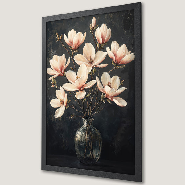 Framed Poster featuring elegant magnolia flowers in a vase. Dark & moody style with blush pink & black color palette. Perfect wall art.