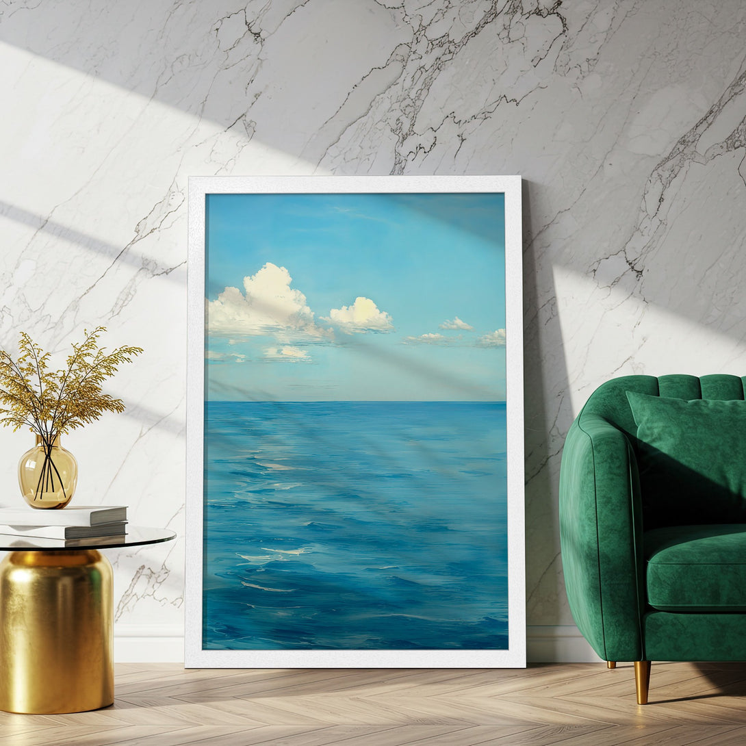 Framed Poster featuring a serene ocean landscape with blue and white hues. Perfect wall art for a calming aesthetic.