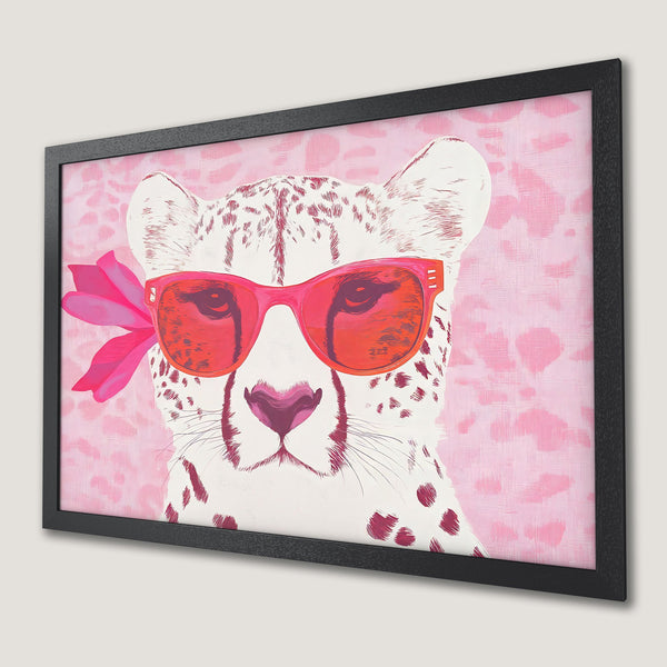 Framed Poster: Stylish cheetah art in pop art style with pink and red color palette. Add a touch of fun to your decor!