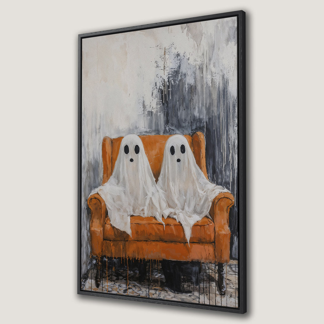 Framed Wall Art: Whimsical painting of two ghosts in an orange armchair. Abstract style with a neutral, black, and orange color palette. Perfect Halloween decor!