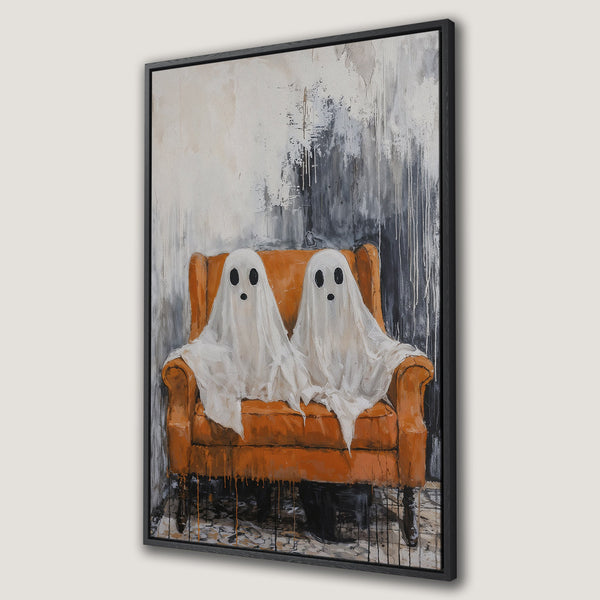 Framed Wall Art: Whimsical painting of two ghosts in an orange armchair. Abstract style with a neutral, black, and orange color palette. Perfect Halloween decor!
