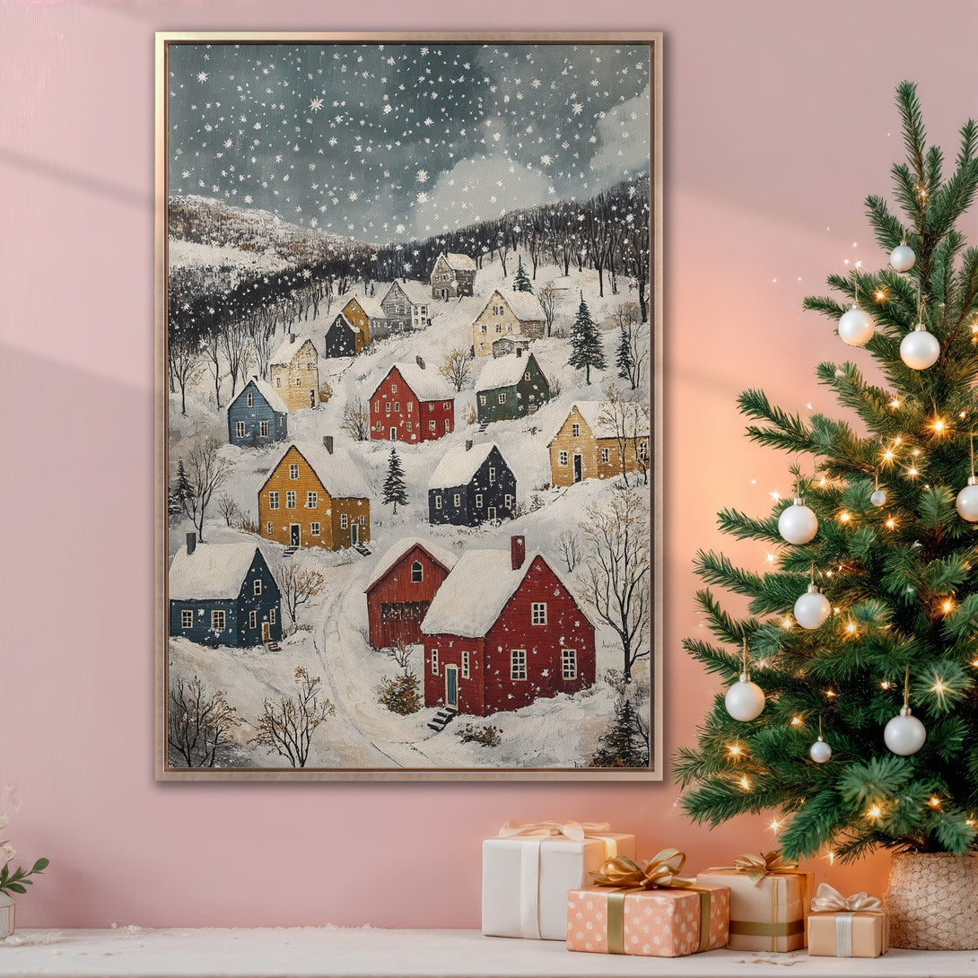 Framed Wall Art: Winter village scene Canvas Print in a cozy interior. Features a folk art style, snowy landscape, and a warm, inviting color palette. Perfect Christmas decor!
