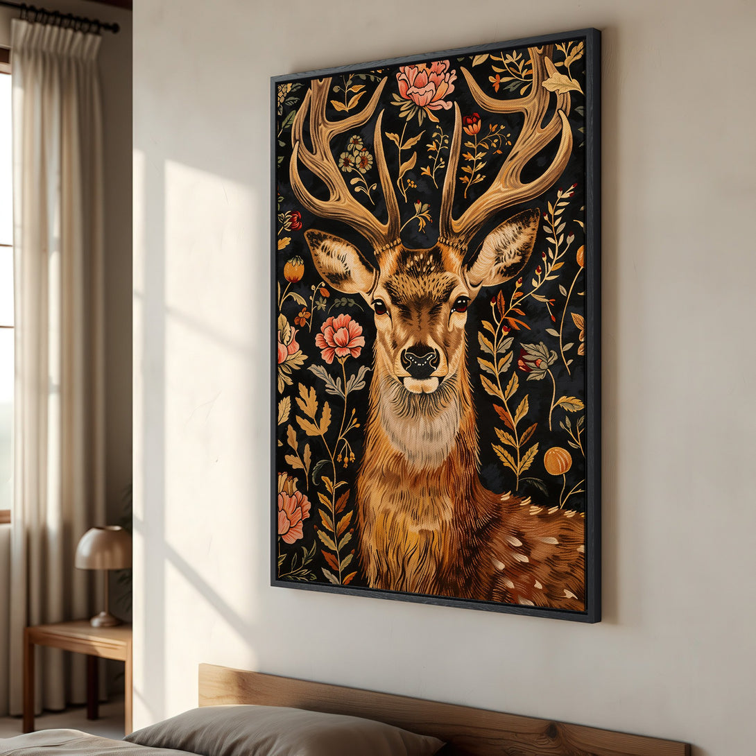 Framed Wall Art featuring a majestic deer with floral accents. Rich, warm color palette with black, brown, and gold tones. Perfect for adding rustic charm!