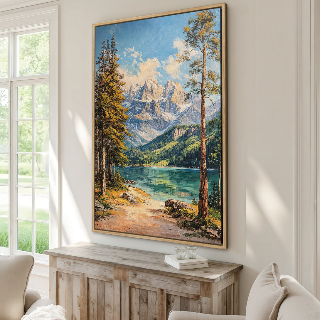 Framed Wall Art of a serene mountain lake landscape. Earthy tones of blue, green, and gold create a calming atmosphere. Perfect for adding natural beauty to your home.