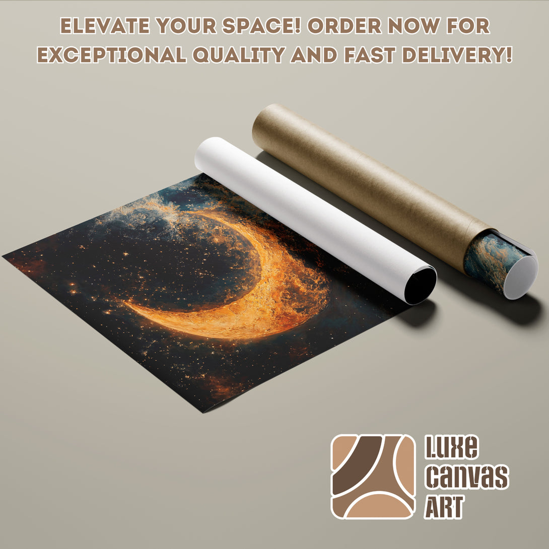 Poster Roll featuring a celestial crescent in warm tones, perfect for wall art. Enhance your space! Order now.