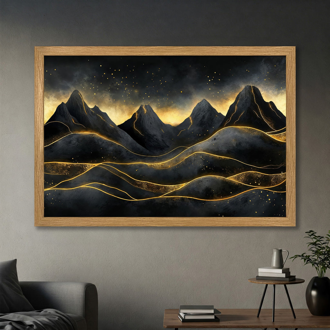 Framed Poster featuring abstract mountain landscape art in a dark, moody style with gold accents. Perfect for home decor.