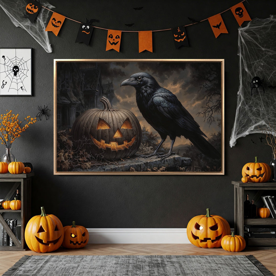 Framed Wall Art: Spooky Halloween scene with raven and pumpkin, dark, moody color palette. Perfect for adding a touch of gothic charm to your home decor.