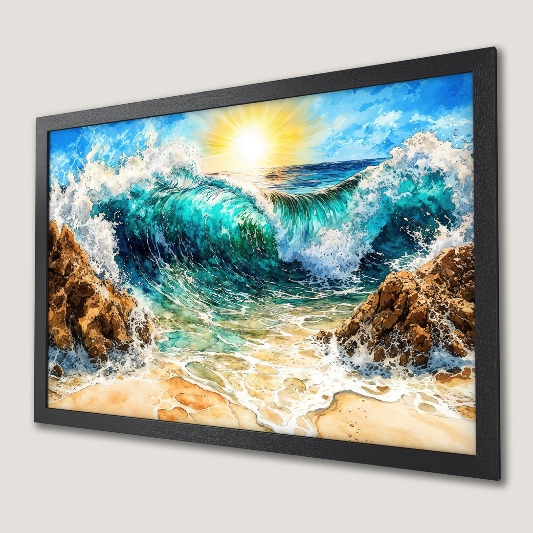 Framed Poster of a vibrant watercolor wave crashing on a beach. Blue, turquoise, and sandy tones create a calming coastal scene.