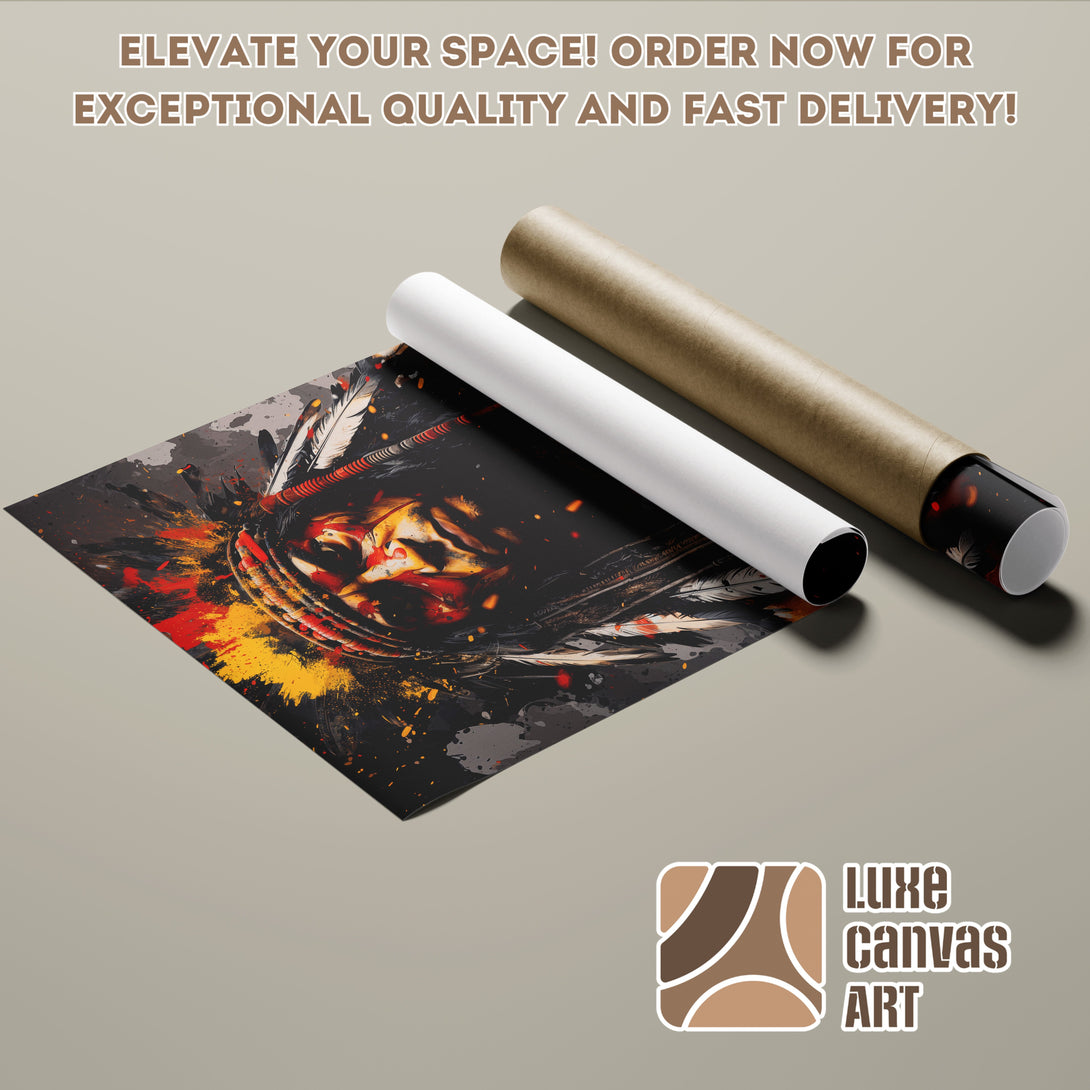 Poster Roll featuring abstract Native American art in a vibrant red, yellow, and black color palette. Elevate your space with unique art!