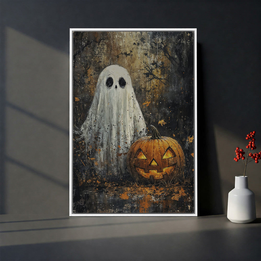 Framed Wall Art: Spooky Halloween Canvas Print featuring a ghost and jack-o'-lantern in a dark, painterly style with a warm, earthy color palette. Perfect for seasonal decor!