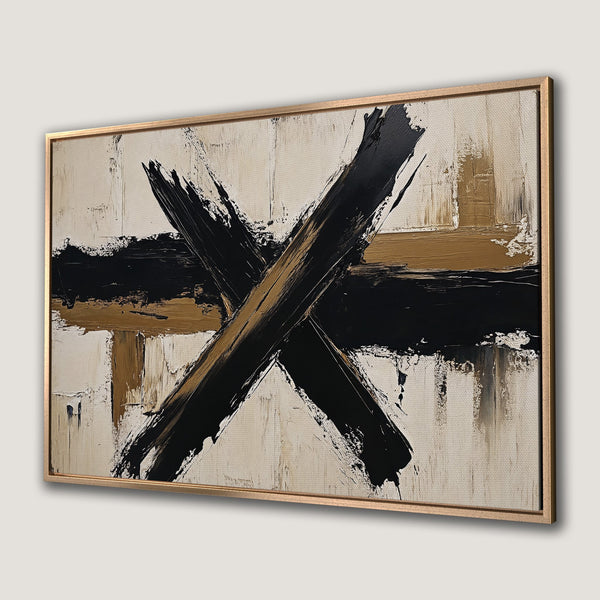 Framed Wall Art: Abstract expressionist painting with bold black brushstrokes on a neutral background. Modern art in a gold frame, perfect for any interior.