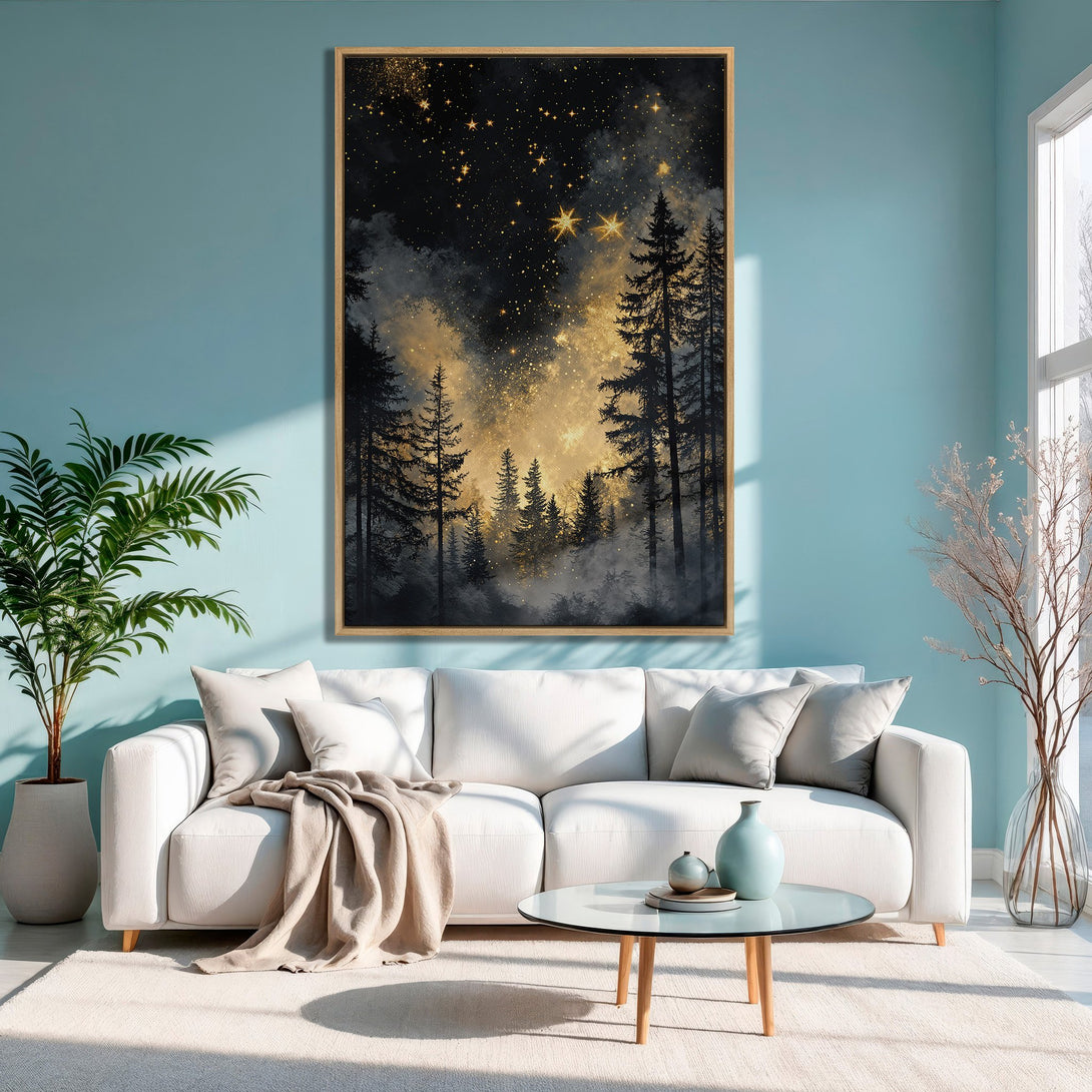 Framed Wall Art: Stunning forest scene Canvas Print in gold and black, perfect for adding a touch of nature's beauty to your home decor.