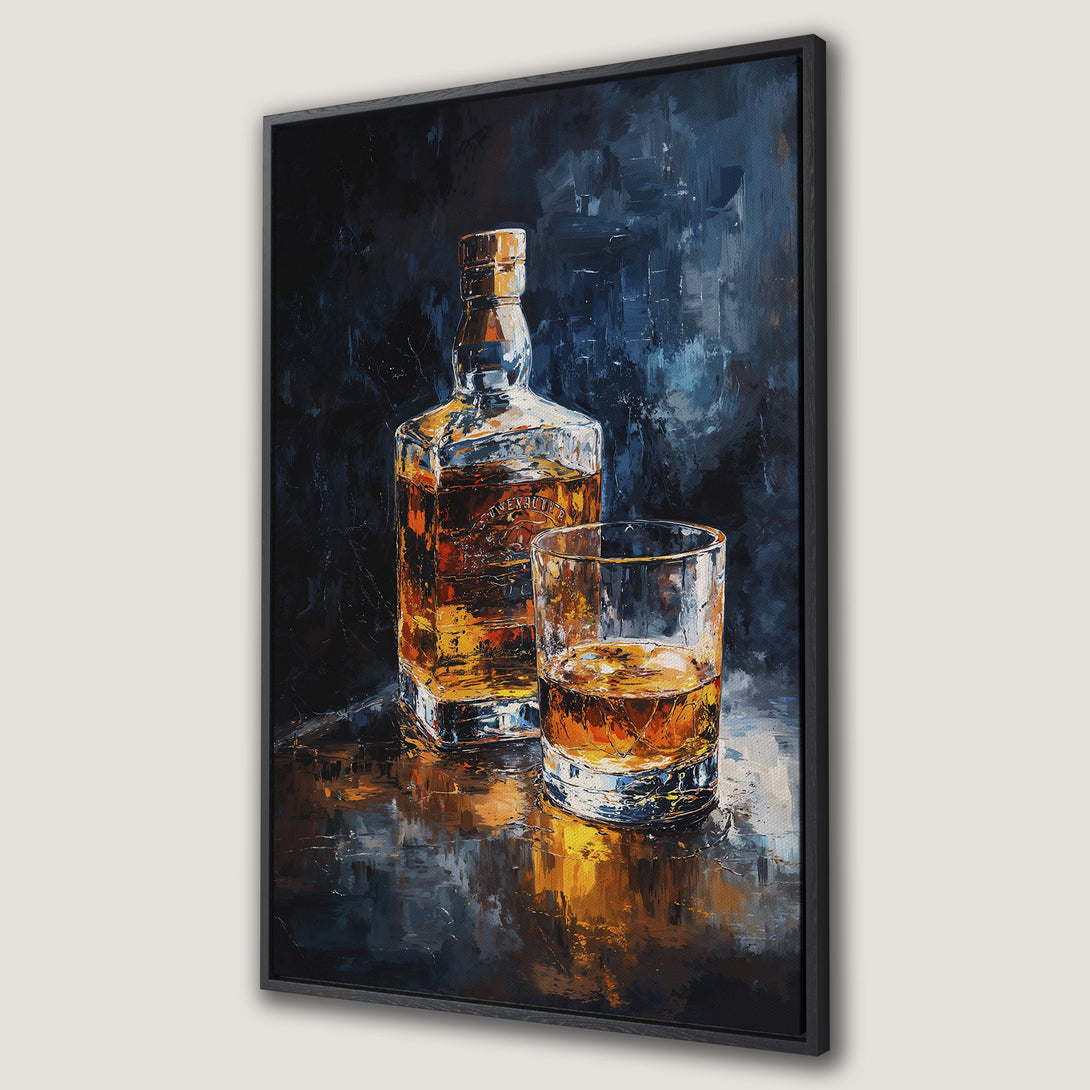 Framed Wall Art: Whiskey bottle and glass painting. Impasto style with a dark blue and amber color palette. Perfect for a home bar or living room.