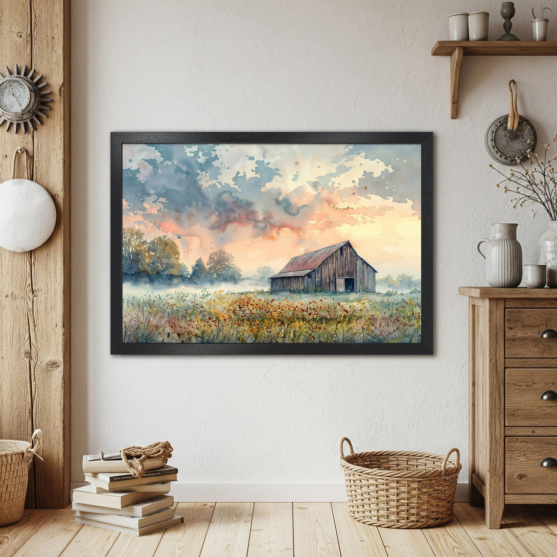 Framed Poster featuring a watercolor barn scene. Warm color palette with sunset hues. Rustic farmhouse style art.