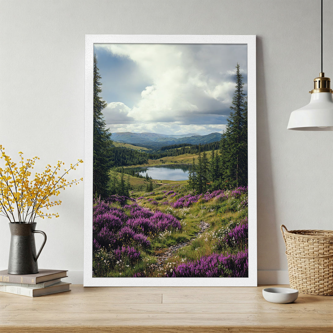 Framed Poster of a serene mountain lake landscape with purple flowers, featuring a natural style and a calming color palette.