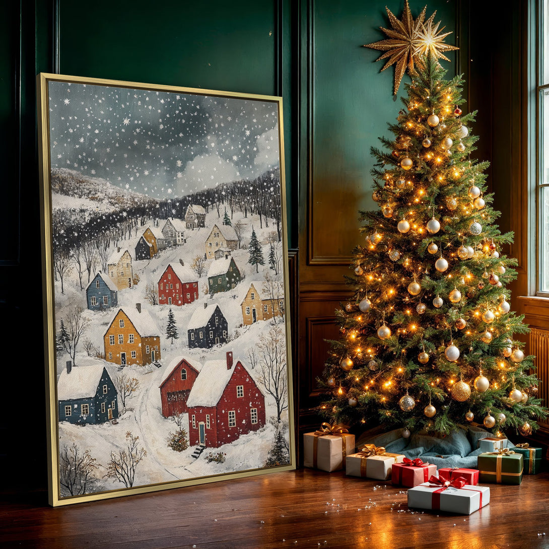 Canvas Print of a charming winter village scene, featuring colorful houses and a snowy landscape. Perfect for cozy decor, with a warm, inviting color palette.
