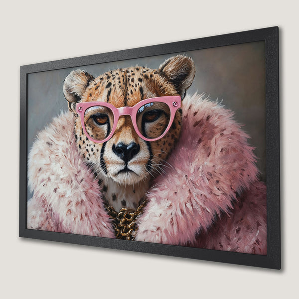 Framed Poster: Stylish cheetah in pink glasses & fur coat. Modern art print with a neutral, pink & brown palette.