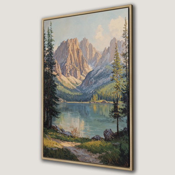 Framed Wall Art: Mountain lake landscape canvas print, featuring a serene view with a muted green and blue color palette. Add a touch of nature to your home!