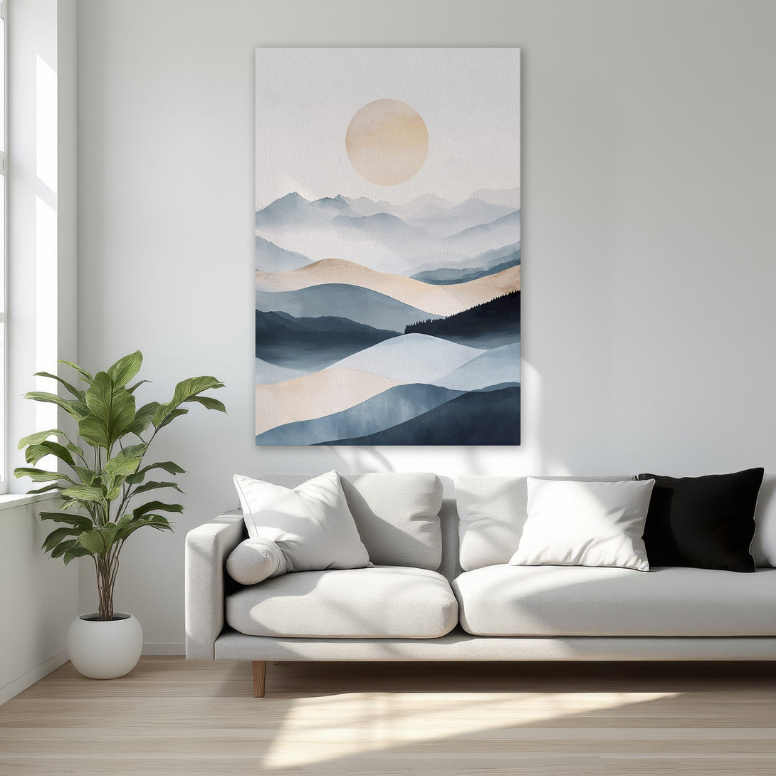 Framed Wall Art featuring a serene mountain landscape in watercolor style. Soft blue, beige, and black hues create a calming aesthetic, perfect for bedroom decor.