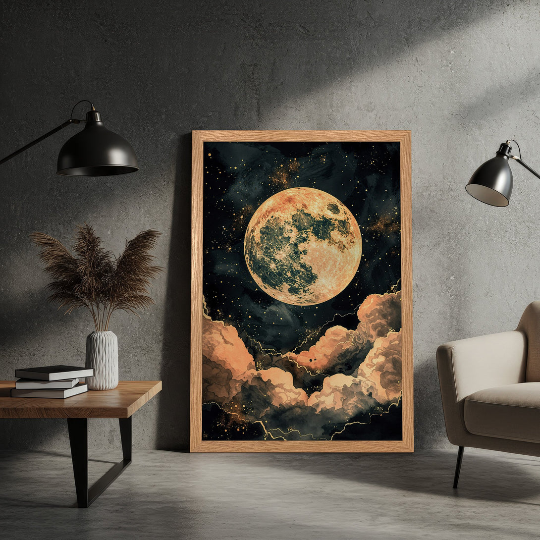 Framed Poster featuring a celestial moon and cloudscape in a watercolor style with a warm, earthy color palette. Perfect wall art!
