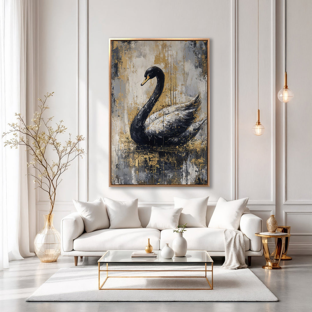 Framed Wall Art: Elegant black swan painting with gold accents. Modern art piece with a neutral color palette, perfect for living room decor.