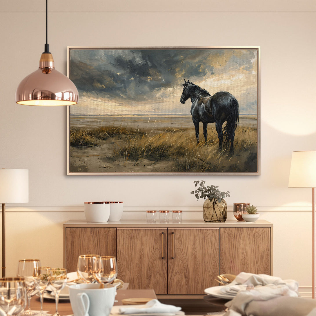Framed Wall Art: Majestic horse canvas print in a moody, painterly style. Features a neutral color palette, perfect for elevating any space.