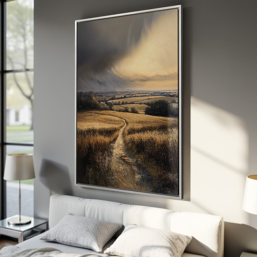 Framed Wall Art of a serene landscape painting in warm gold and brown tones. Elevate your space with this beautiful canvas print!