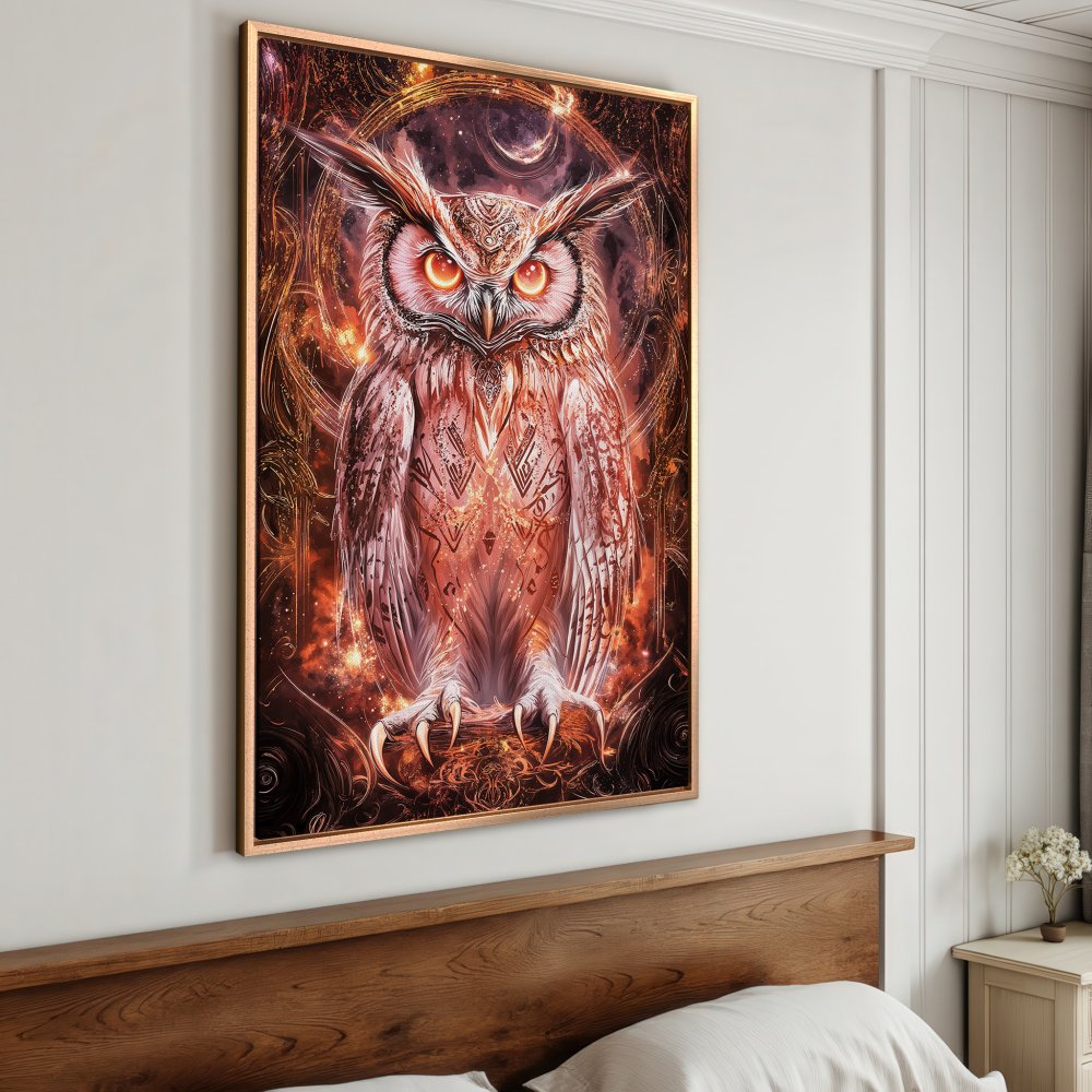 Framed Wall Art: Mystical owl canvas print in warm orange and brown tones. Perfect for adding a touch of fantasy to your home decor.