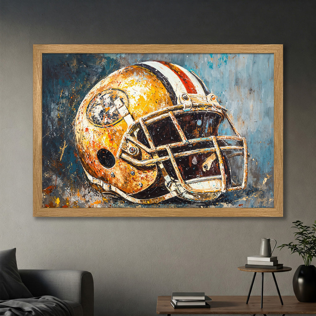 Framed Poster of a football helmet, abstract art style, with a warm color palette of gold, orange, and blue. Perfect wall art for sports fans!