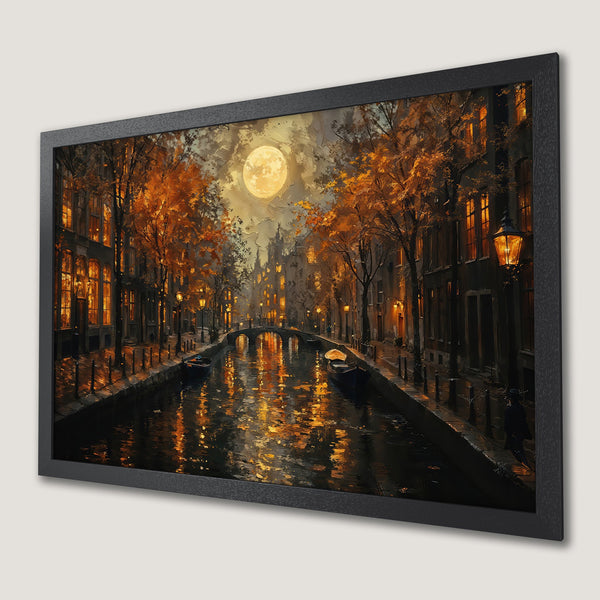 Framed Poster of Amsterdam canal at night, impressionist style, warm autumn colors. Perfect wall art for home decor.
