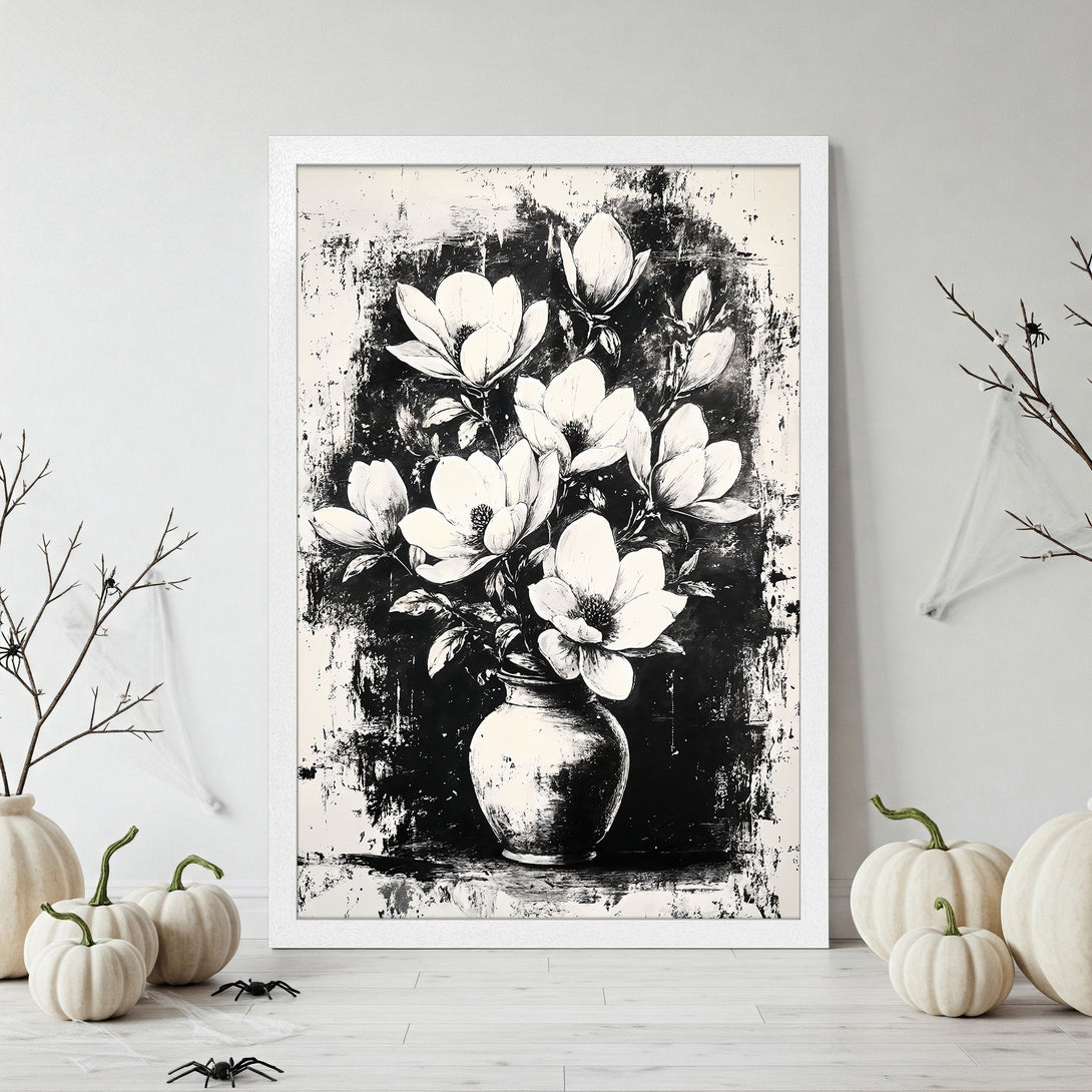Framed Poster featuring a black and white floral artwork in a modern, abstract style. Perfect wall art for any room!