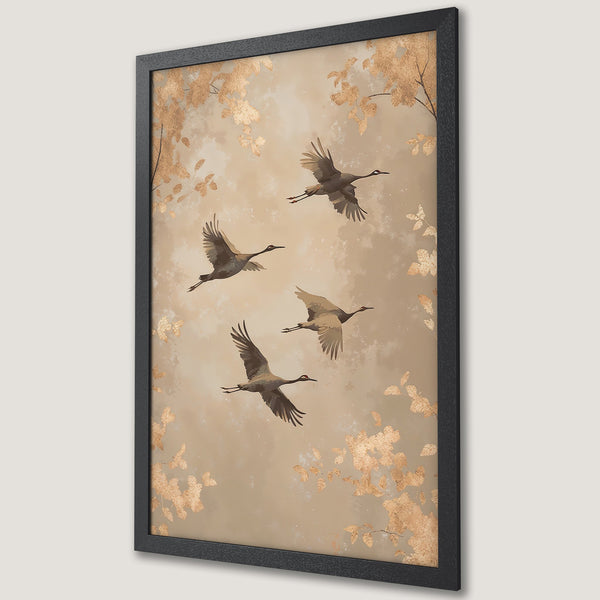 Framed Poster featuring cranes in flight, with gold leaf accents, in a neutral color palette. Elegant wall art for your home.