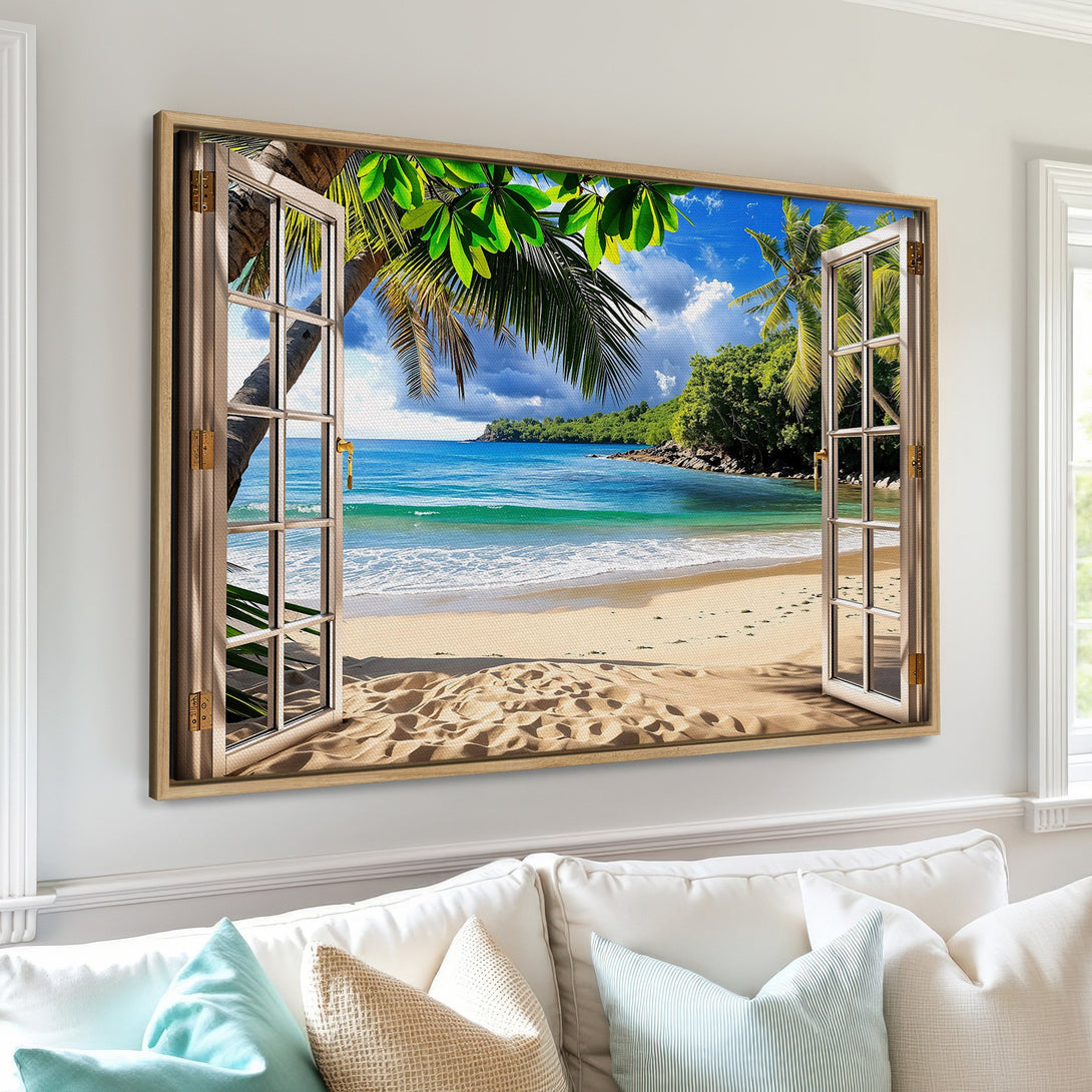 Canvas Print of a tropical beach scene. Blue ocean, green palm trees, and sandy beach. Coastal decor in a light, airy style.