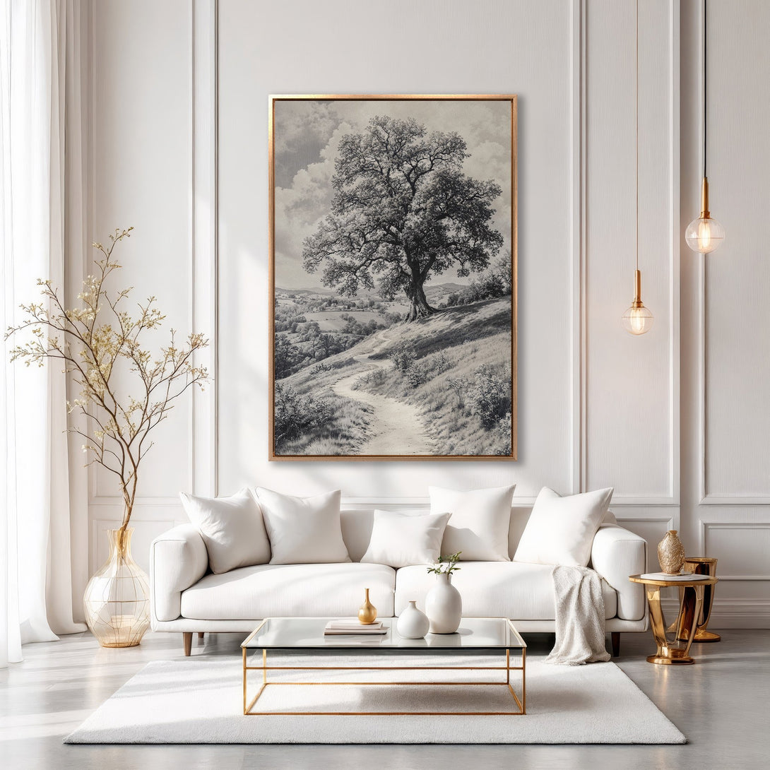 Framed Wall Art: Black and white tree landscape canvas print in a modern living room. Neutral color palette, elegant decor for home.