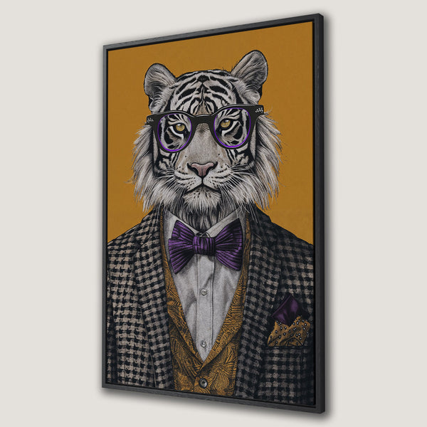 Framed Wall Art featuring a dapper tiger in a suit, with a mustard and purple color palette. Stylish animal portrait canvas print for home decor.