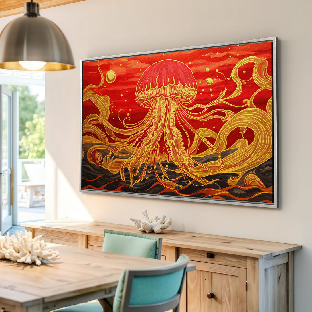 Framed Wall Art: Stunning red & gold jellyfish canvas print. Modern style, vibrant colors. Perfect statement piece for your home decor!