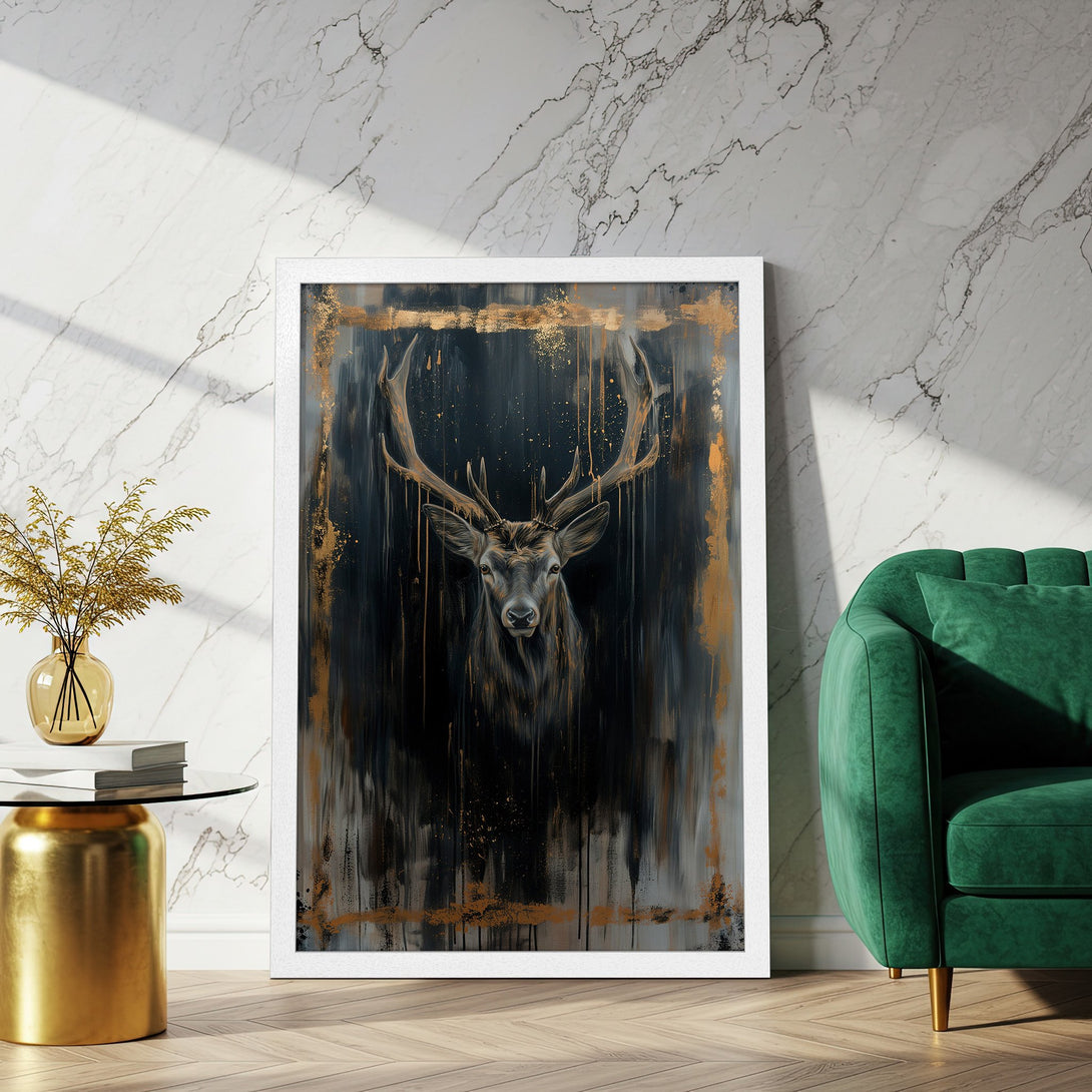 Framed Poster featuring a majestic deer in a dark, abstract style with gold accents. A stunning piece for any home decor.