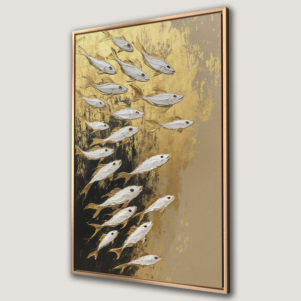 Framed Wall Art: Abstract fish painting in gold, white, and black. Textured, modern art canvas print for a stylish home decor upgrade.
