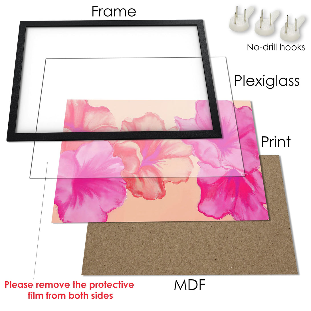 Framed Poster with vibrant pink floral art. Modern style, warm peach and pink color palette. Perfect wall decor!
