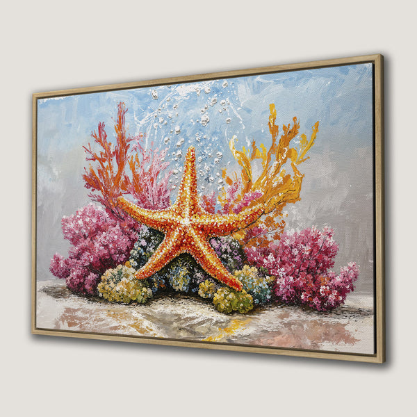 Framed Wall Art: Stunning starfish oil painting in vibrant coral, orange, and blue hues. Coastal decor, perfect for adding a touch of the ocean to your home.