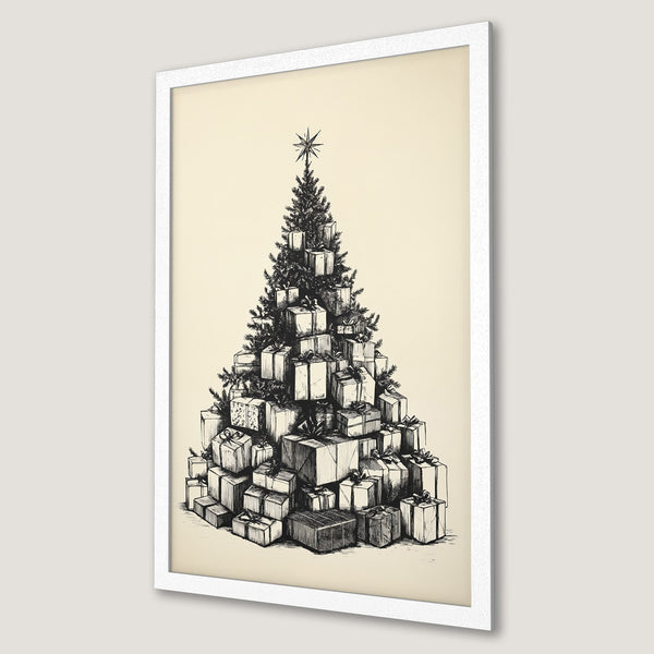 Framed Poster featuring a Christmas tree made of gifts, sketched in black and white, with a beige background. Perfect holiday decor!