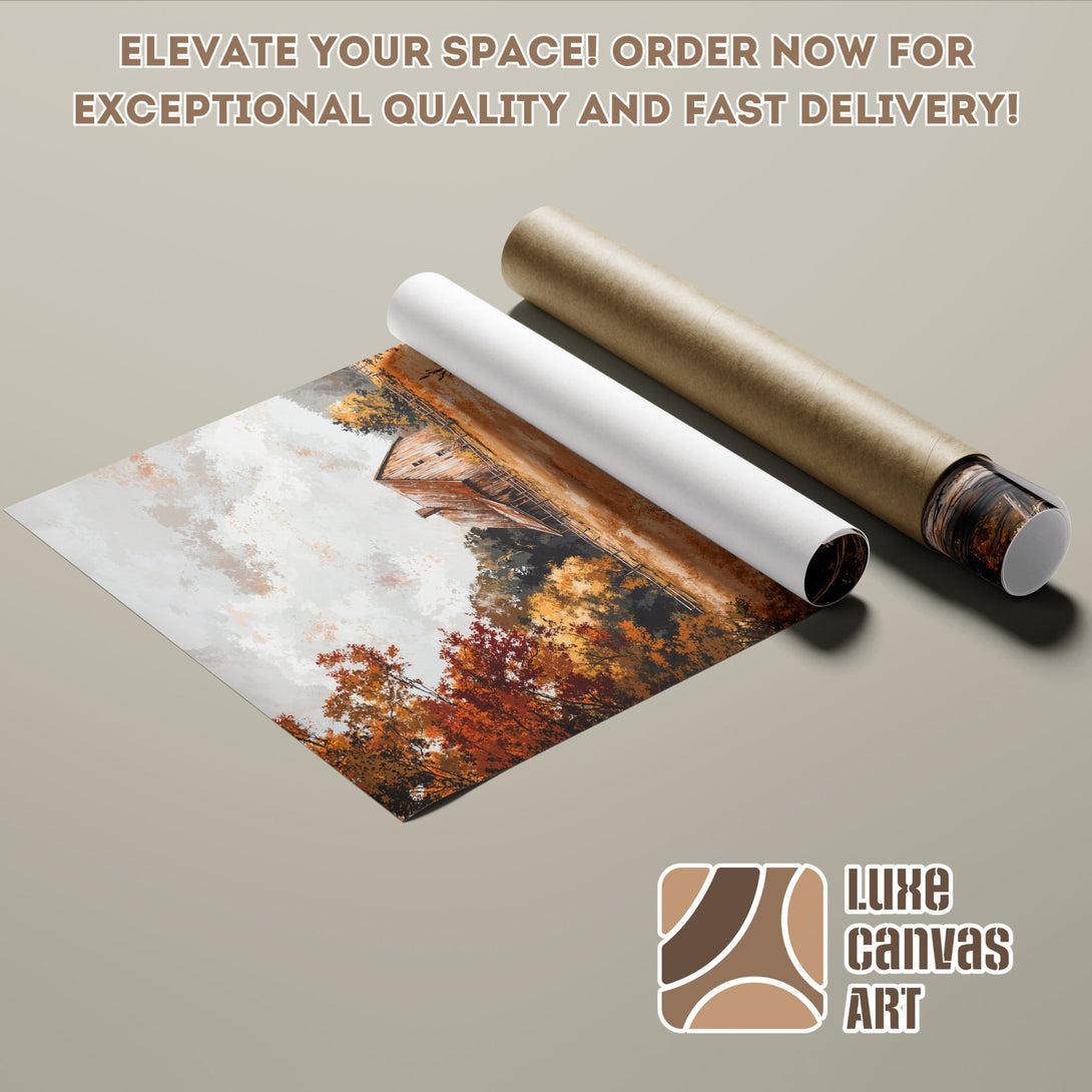 Poster Roll featuring a rustic barn in autumn colors, perfect wall art for your space!