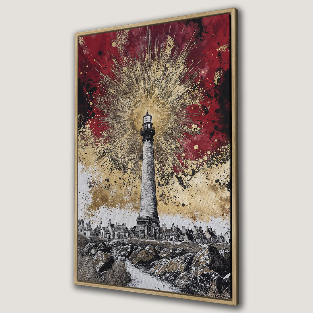 Framed Wall Art: Lighthouse art print with a dramatic red & gold abstract background. Coastal scene in black & white, perfect for modern home decor.
